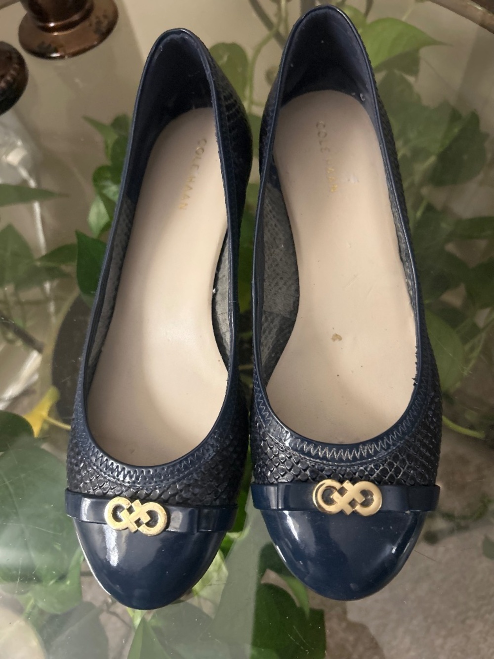 Cole Haan Navy Snake Embossed Ballet Flats Gold Logo Cap Toe Shoes